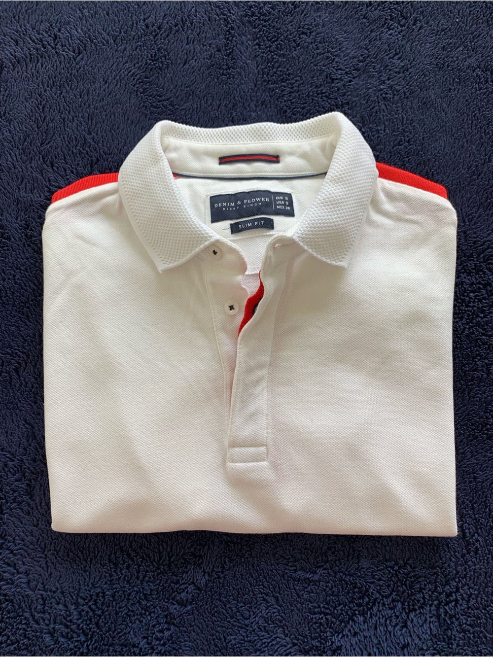 Denim & Flower White Polo with Red /Navy Shoulder and Placket Details